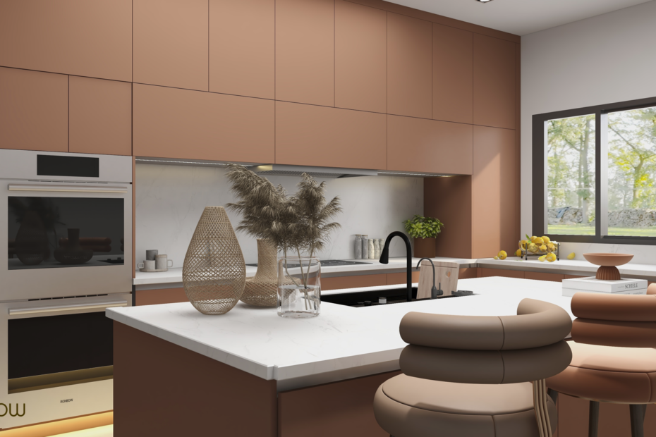 a kitchen with brown cabinets and a white countertop